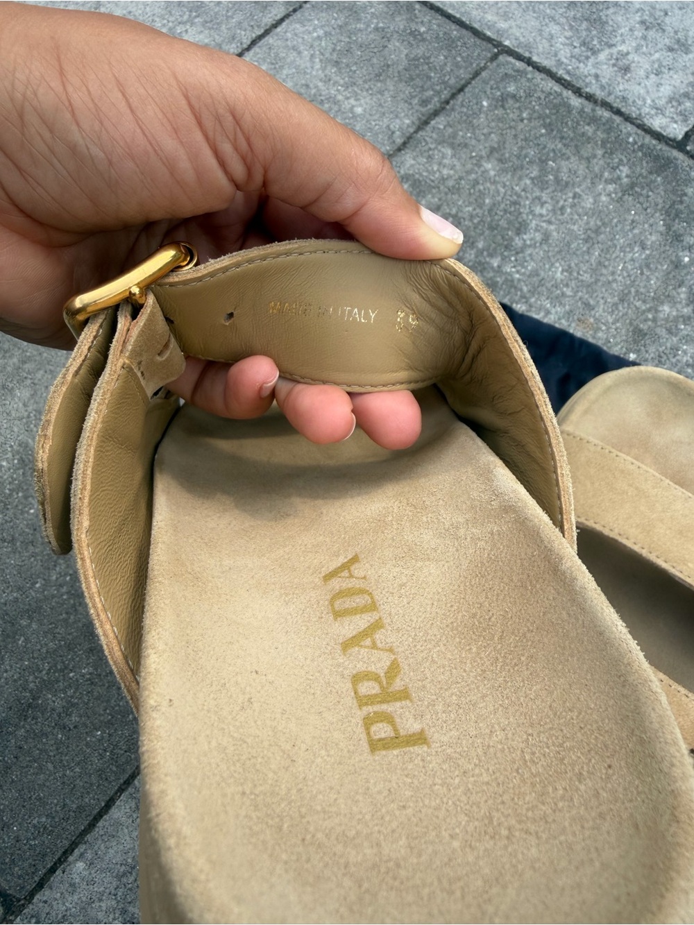 Prada women’s tan Suede Double-Buckle Slide Sandals with Gold Buckles - Picture 8 of 10